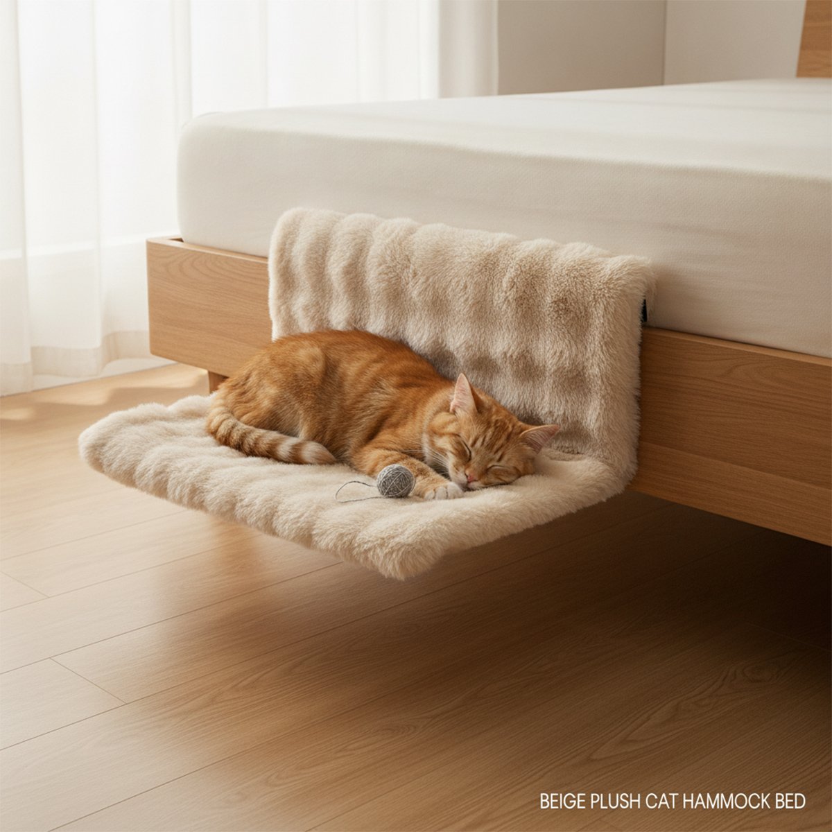 Beige Plush Bedside Cat Hammock with Backrest