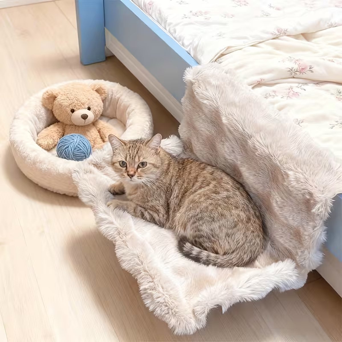 Beige Plush Bedside Cat Hammock with Backrest