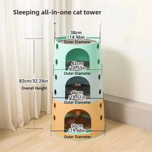 Space-Saving Cat Tower Bed with Scratcher & Toys for Multi-Cat Homes