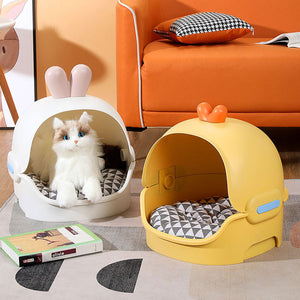 Semi-Enclosed Cat Bed With Cushion Duck Or Rabbit Design