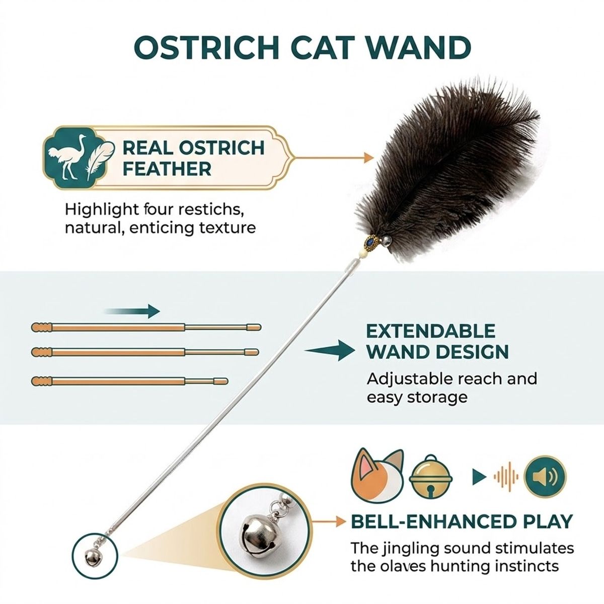 100cm Retractable Ostrich Feather Cat Wand