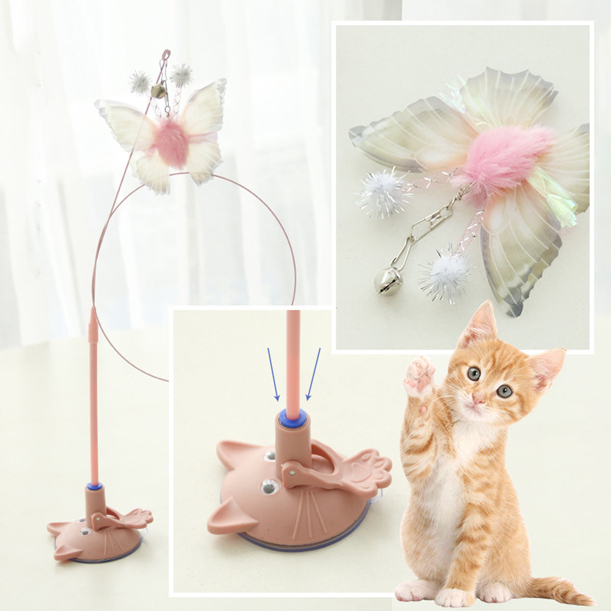 Pink Butterfly Cat Teaser Toy With Suction Base