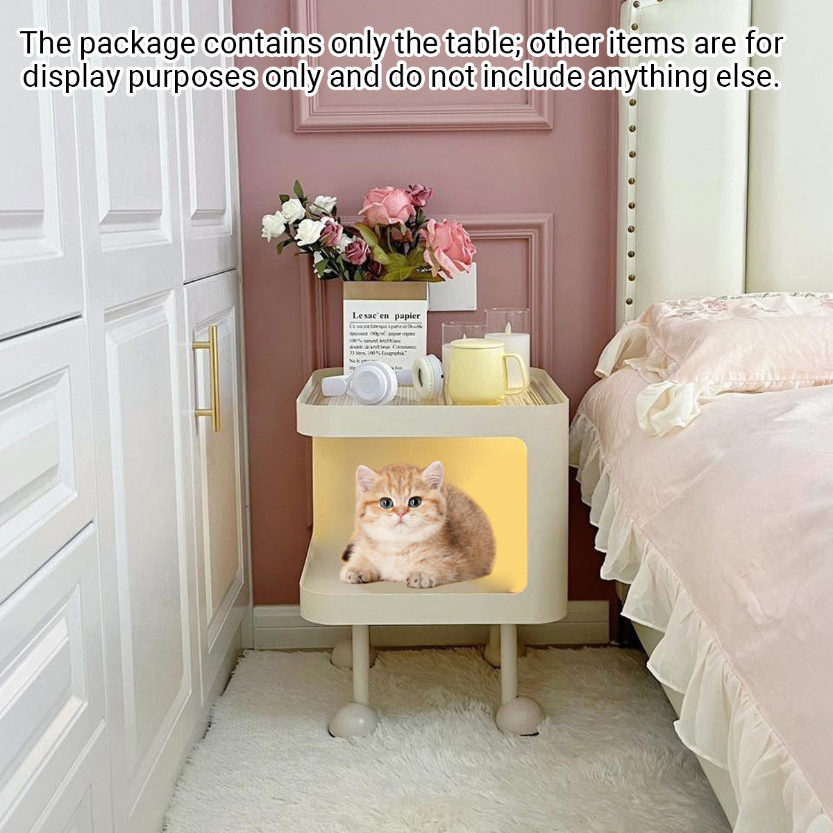 Cat Bedside Table Modern Nightstand with Cat House & Storage