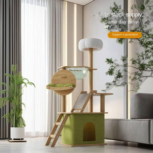 Stylish Wooden Cat Tower with Lounge Capsule and Scratching Ramp