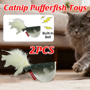 Catnip Pufferfish Toy with Bell & Feathers