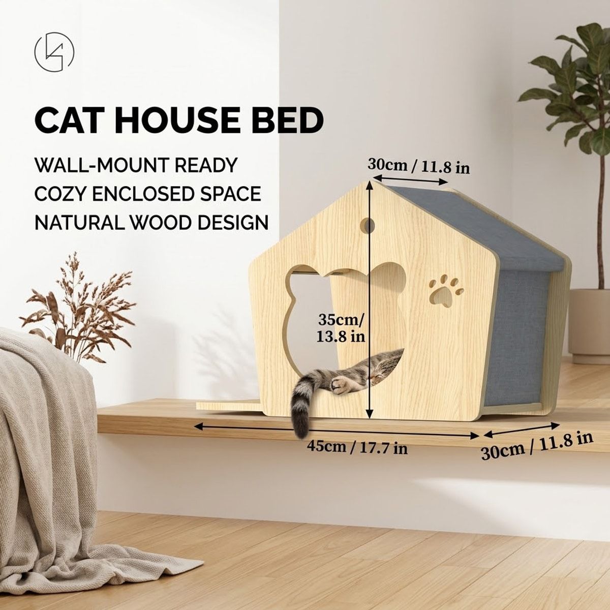 Natural Wood Cat House with Scratchable Roof