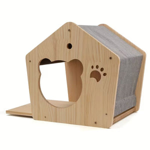 Natural Wood Cat House with Scratchable Roof