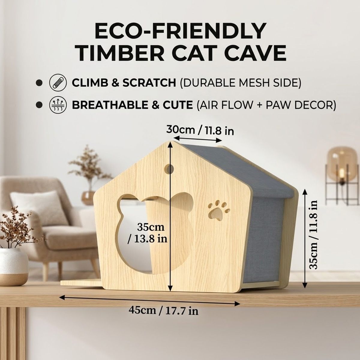 Natural Wood Cat House with Scratchable Roof