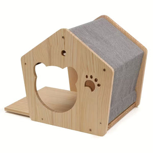Natural Wood Cat House with Scratchable Roof
