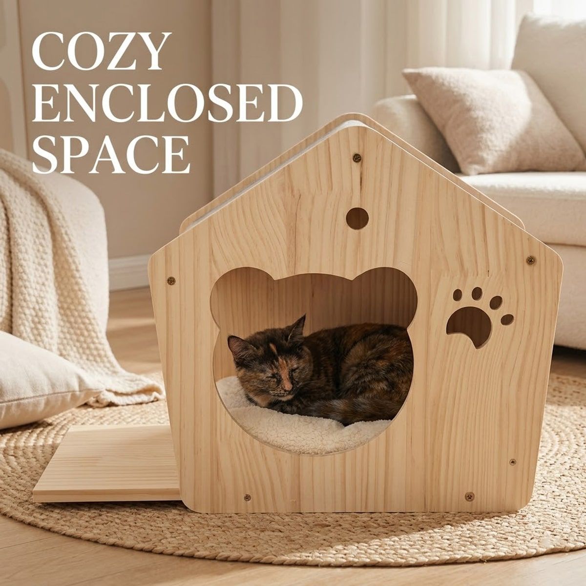 Natural Wood Cat House with Scratchable Roof
