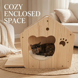 Natural Wood Cat House with Scratchable Roof