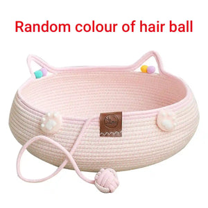 Hand-Woven Cotton Cat Nest Bed with Toy Ball for Kittens Pink