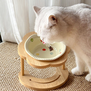 Ceramic Pet Bowl With Elevated Wooden Stand Hygienic & Stable Feeder
