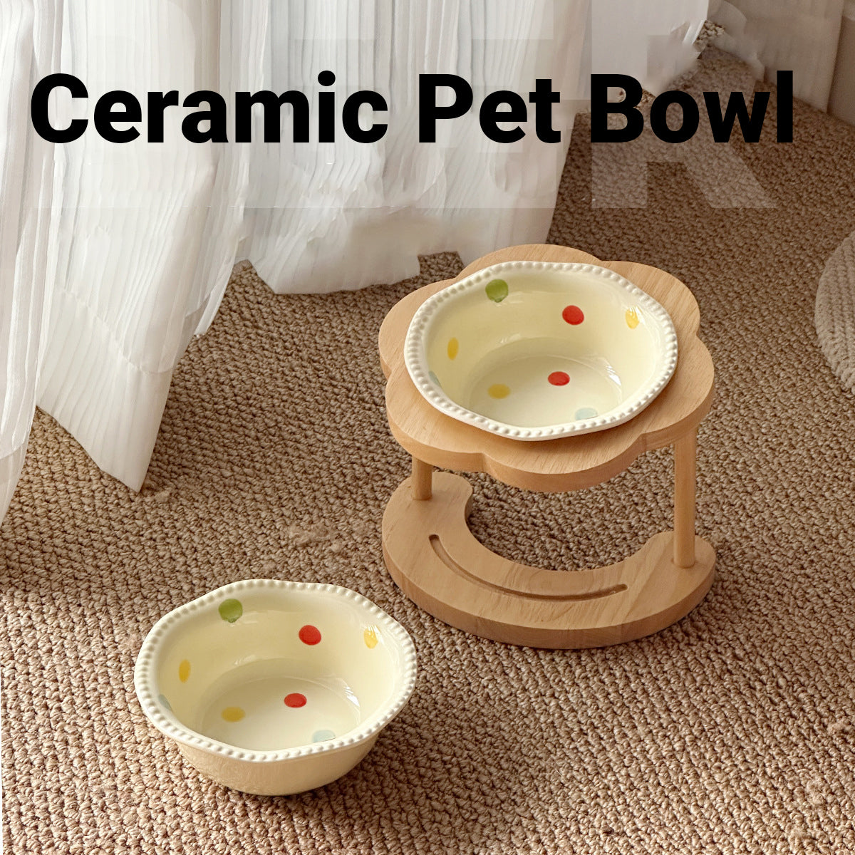 Ceramic Pet Bowl With Elevated Wooden Stand Hygienic & Stable Feeder