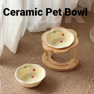 Ceramic Pet Bowl With Elevated Wooden Stand Hygienic & Stable Feeder