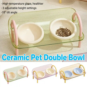Adjustable Raised Ceramic Pet Double Bowl for Cats and Small Dogs