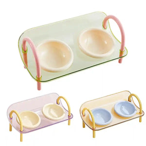 Adjustable Raised Ceramic Pet Double Bowl for Cats and Small Dogs