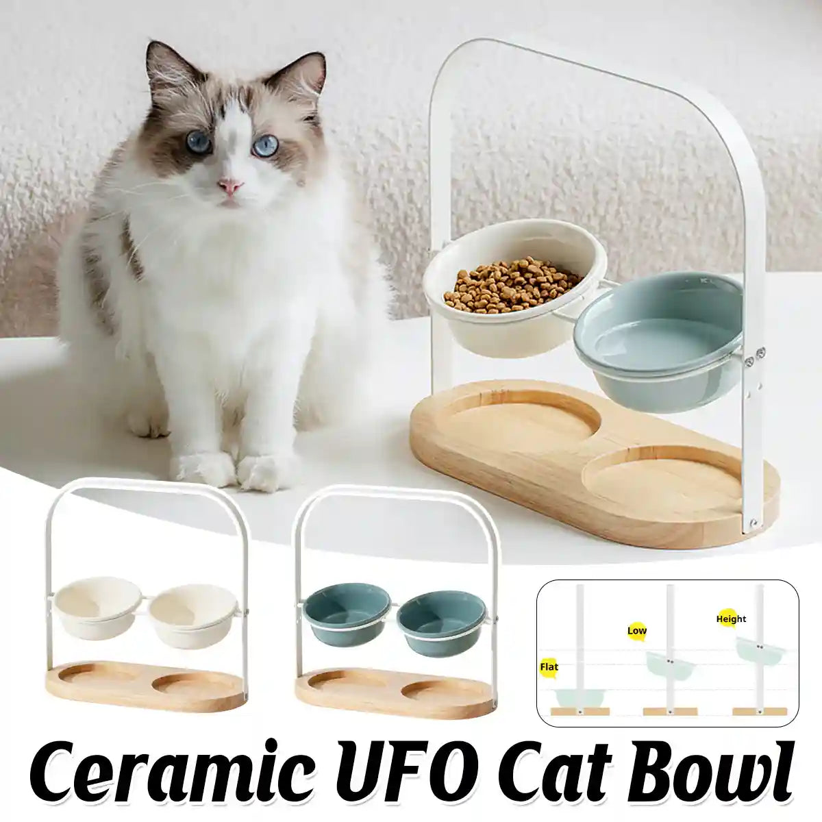 Ceramic Cat Bowl Elevated Adjustable Tilted Pet Feeder