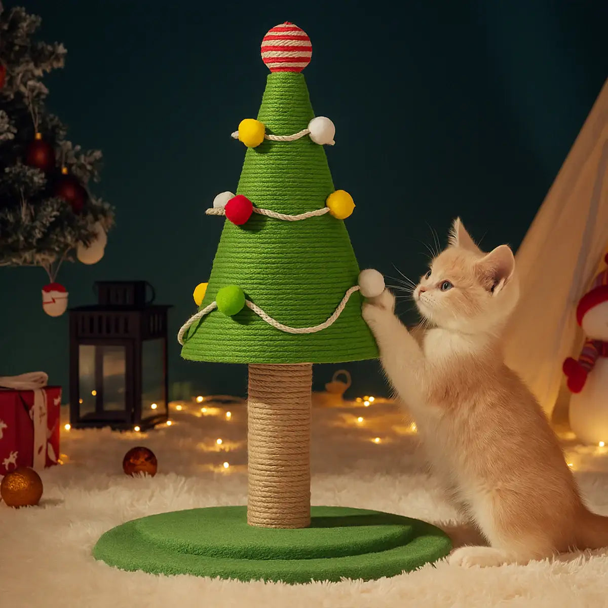 Christmas Tree Cat Scratching Post With Sisal Rope And Plush Base