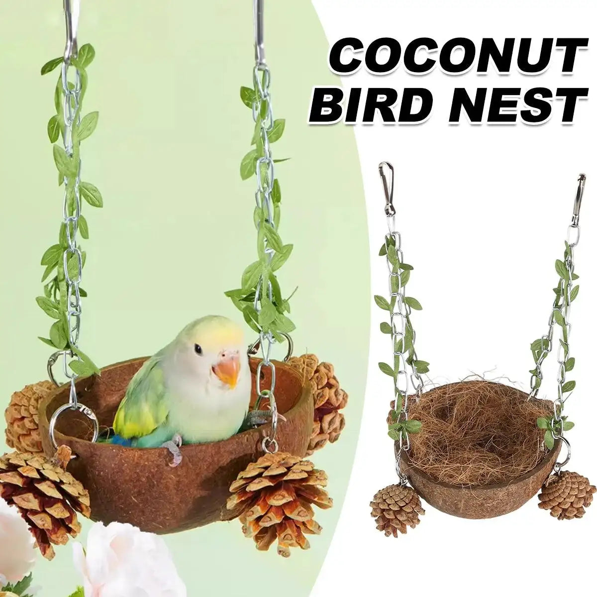 Coconut Bird's Nest for Parrots Natural Habitat with Swing & Hammock