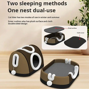 Convertible Cat Bed House Dual-Use Foldable Pet Nest