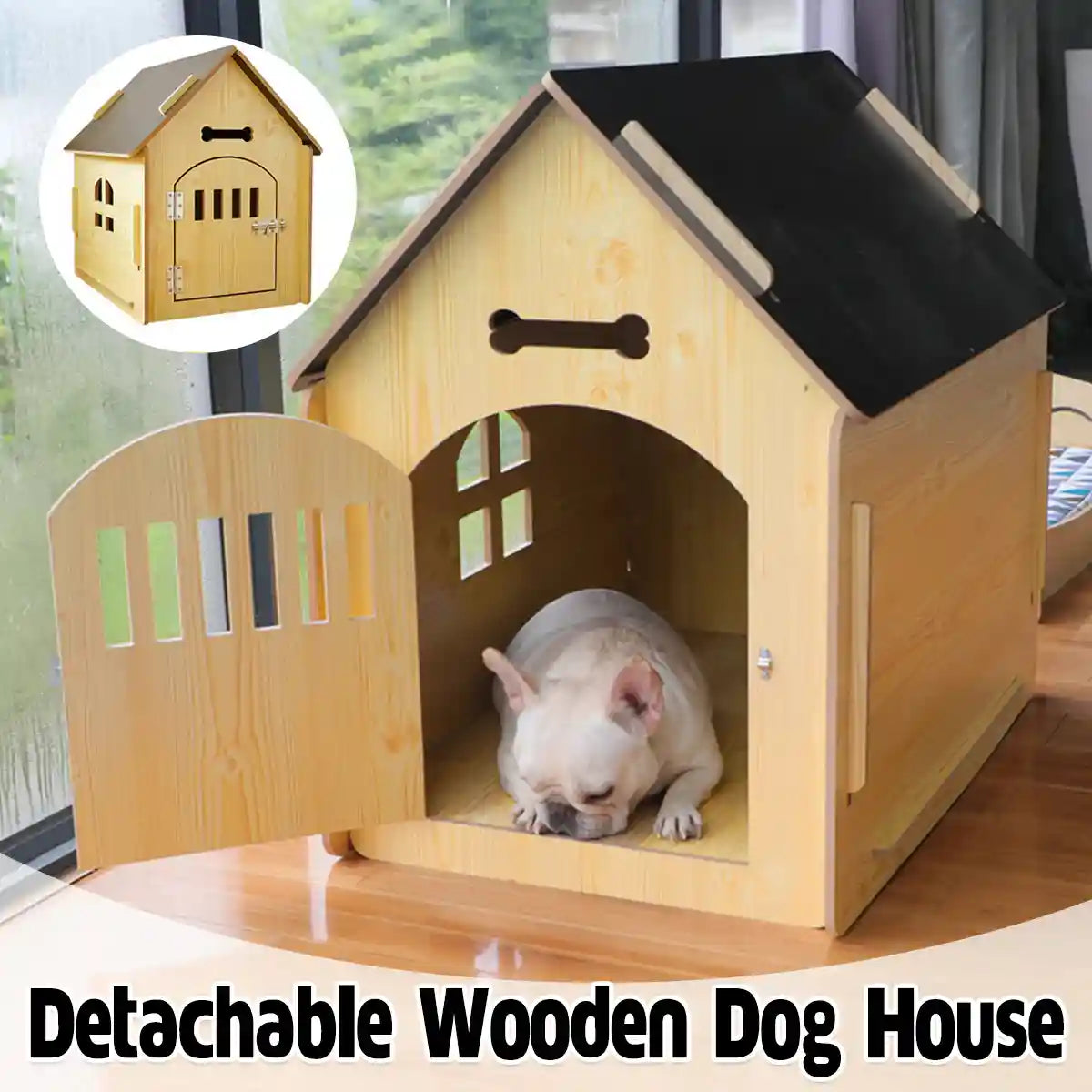 Wooden Pet House Detachable Dog Bed Cat House for Indoor Outdoor Use