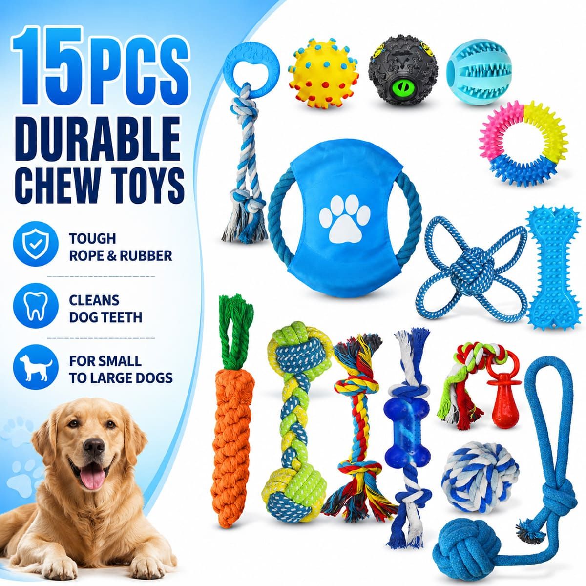 15 Pcs Dog Chew Toy Set with Rope and Rubber