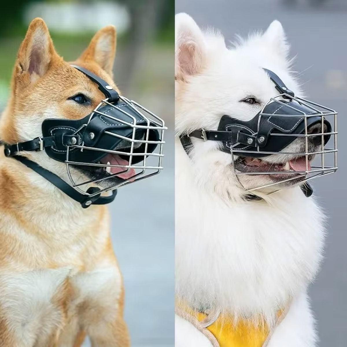 Durable Dog Mouth Guard with Stainless Steel Basket & Adjustable Straps