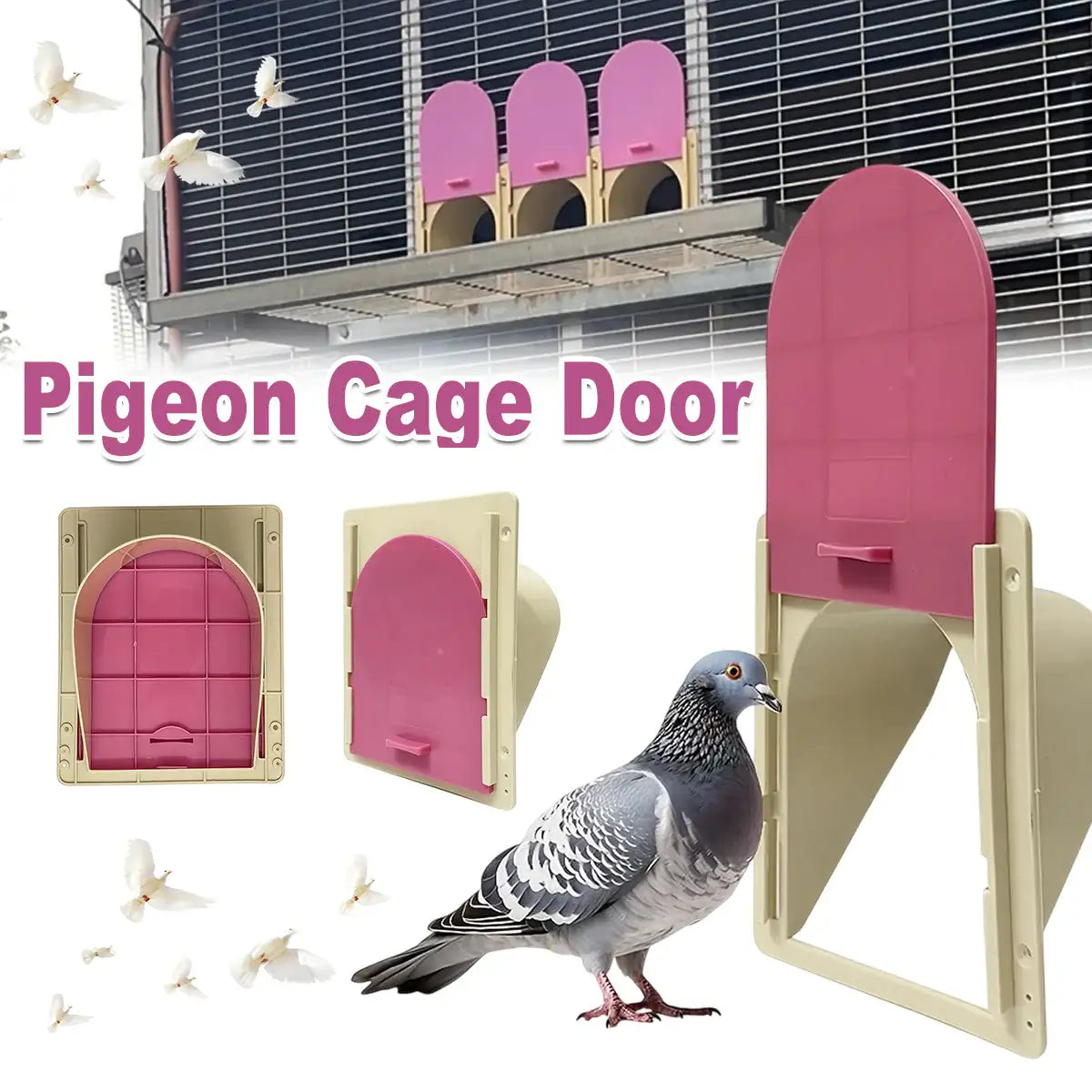 One-way bird cage door for pigeon loft with yellow and pink frame