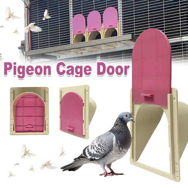 One-way bird cage door for pigeon loft with yellow and pink frame