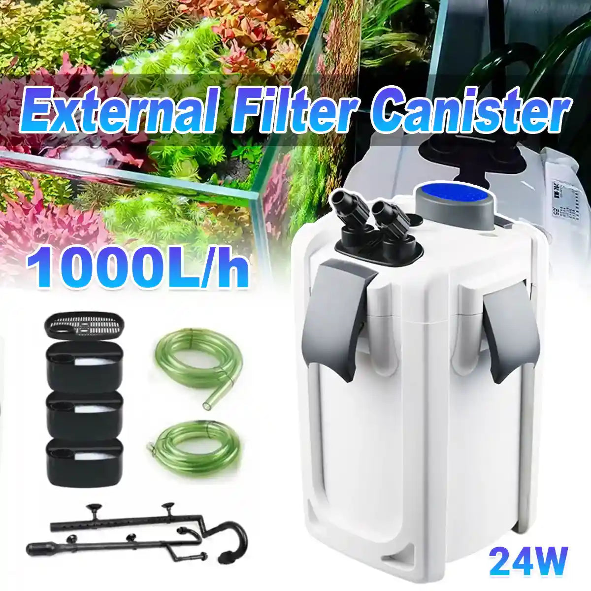 External Aquarium Filter Canister 24W 3-Layer High-Flow 1000L/h System