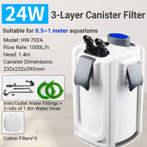 External Aquarium Filter Canister 24W 3-Layer High-Flow 1000L/h System