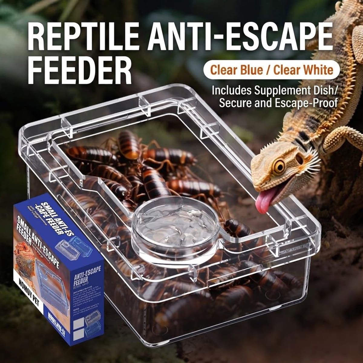 Clear Reptile Feeder Box with Anti-Spill Lid