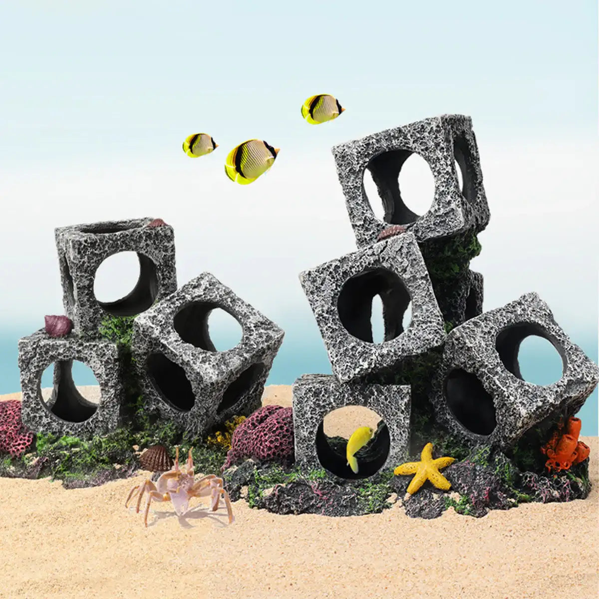 Square Aquarium Cave Resin Set for Small Fish Habitat and Aquascaping