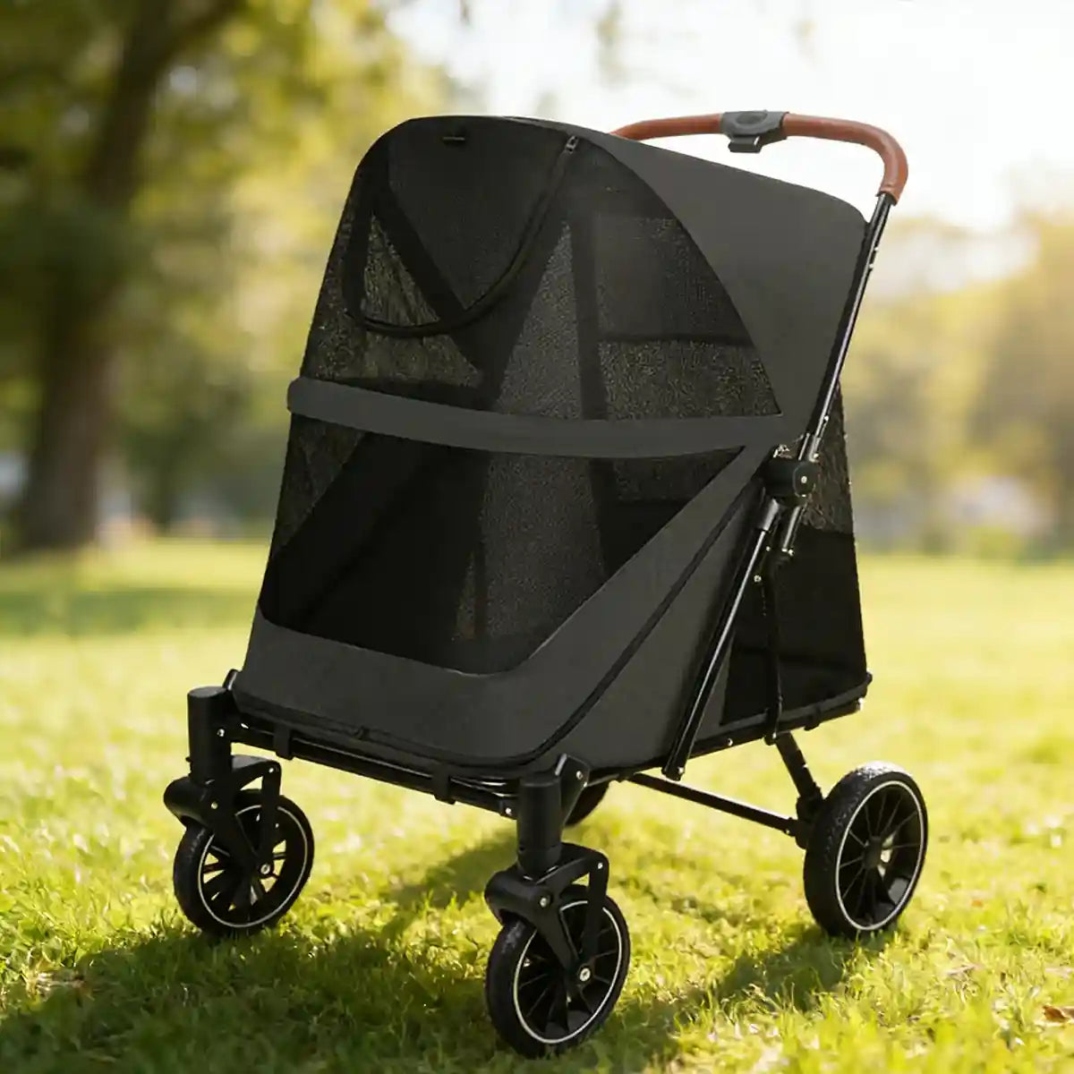 Foldable Pet Stroller with Ventilated Mesh and One-Click Folding