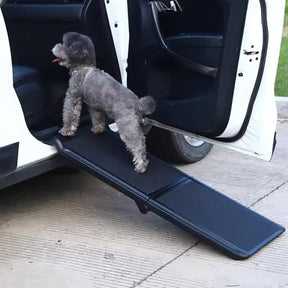 Foldable dog car ramp for SUVs with anti-slip surface and safety strap