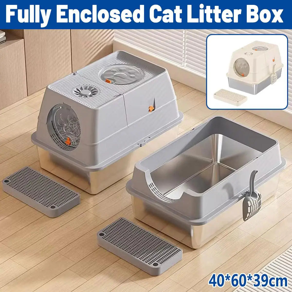 Enclosed litter box with stainless steel base and flip-top lid