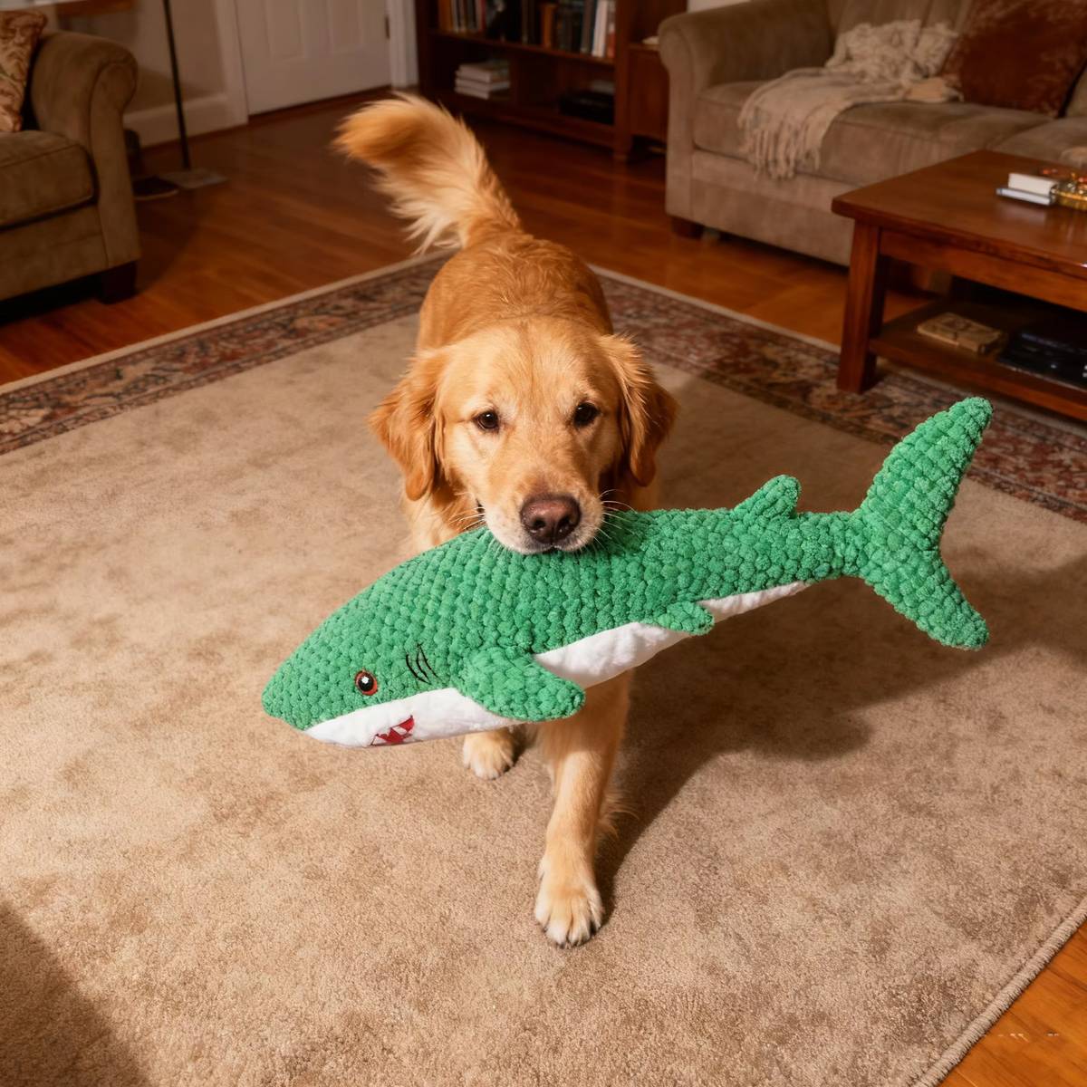 Green Shark Dog Toy Chew Resistant Squeaky Plush