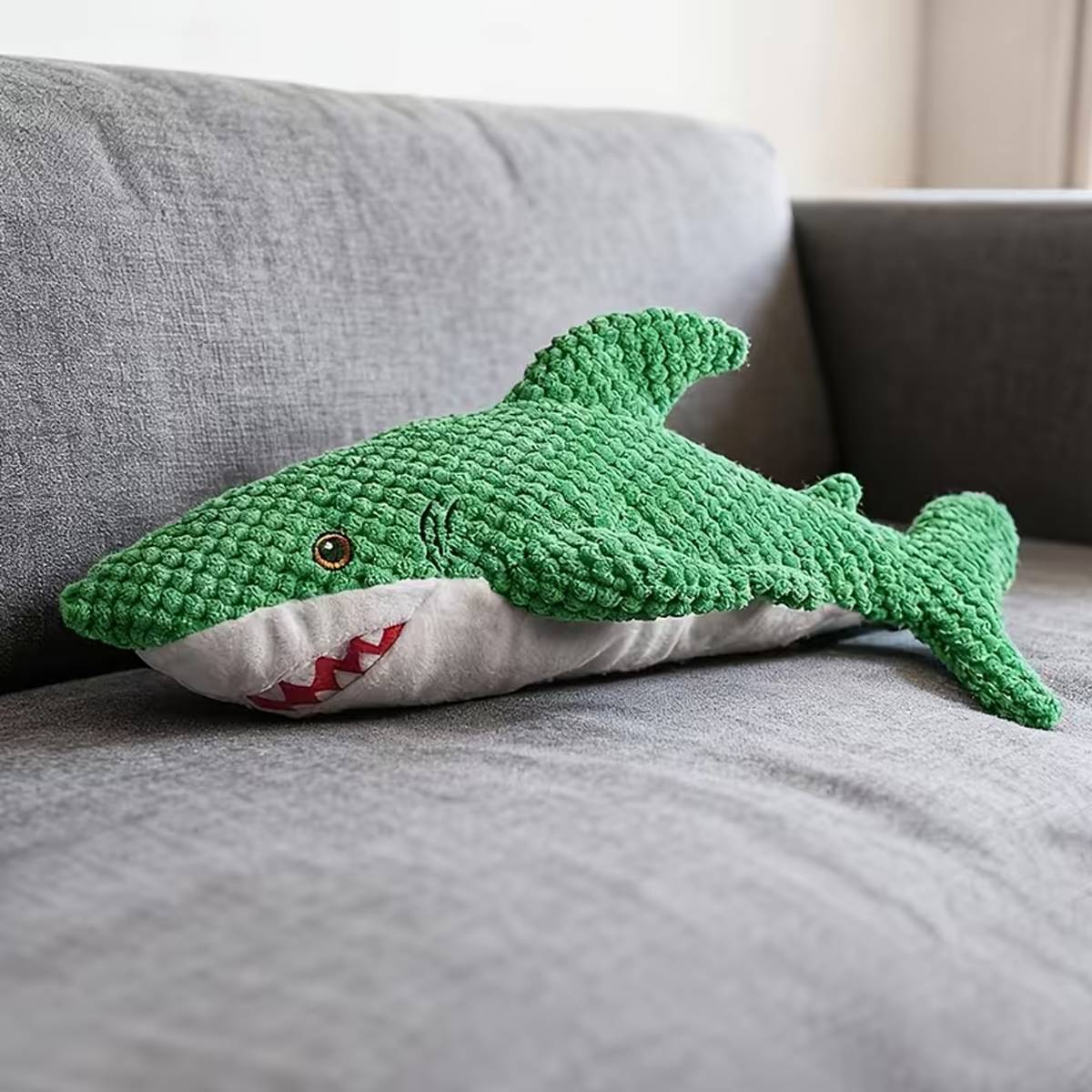 Green Shark Dog Toy Chew Resistant Squeaky Plush