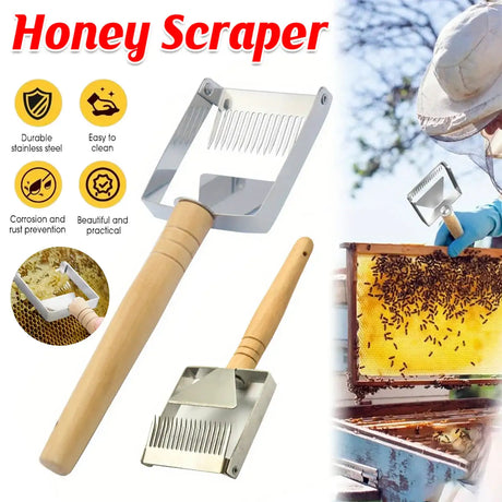 Honey scoop scraper with stainless steel tines and wooden handle for beekeeping