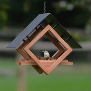 Hanging Wooden Bird Feeder With Metal Roof Fly-Through Outdoor Feeder