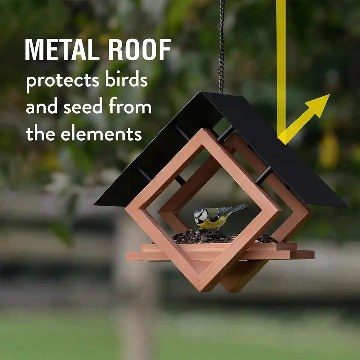 Hanging Wooden Bird Feeder With Metal Roof Fly-Through Outdoor Feeder
