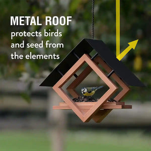 Hanging Wooden Bird Feeder With Metal Roof Fly-Through Outdoor Feeder