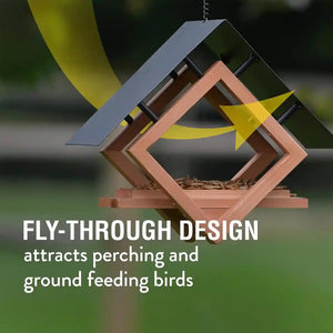 Hanging Wooden Bird Feeder With Metal Roof Fly-Through Outdoor Feeder