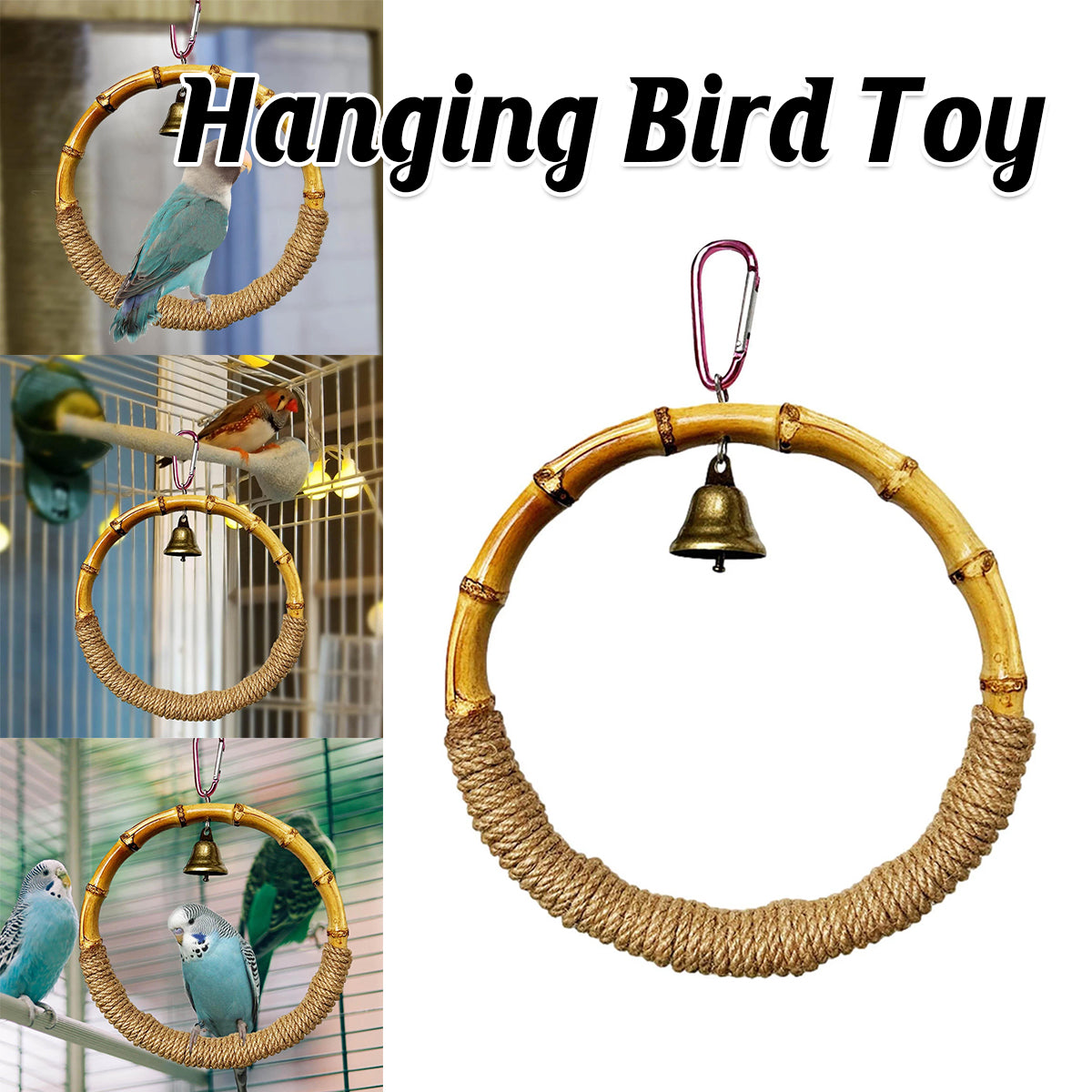 Hanging Bird Toy Natural Bamboo Ring Perch with Bell