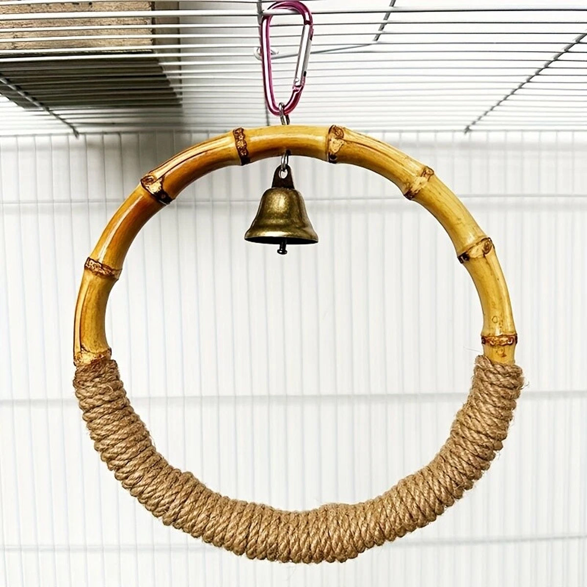 Hanging Bird Toy Natural Bamboo Ring Perch with Bell
