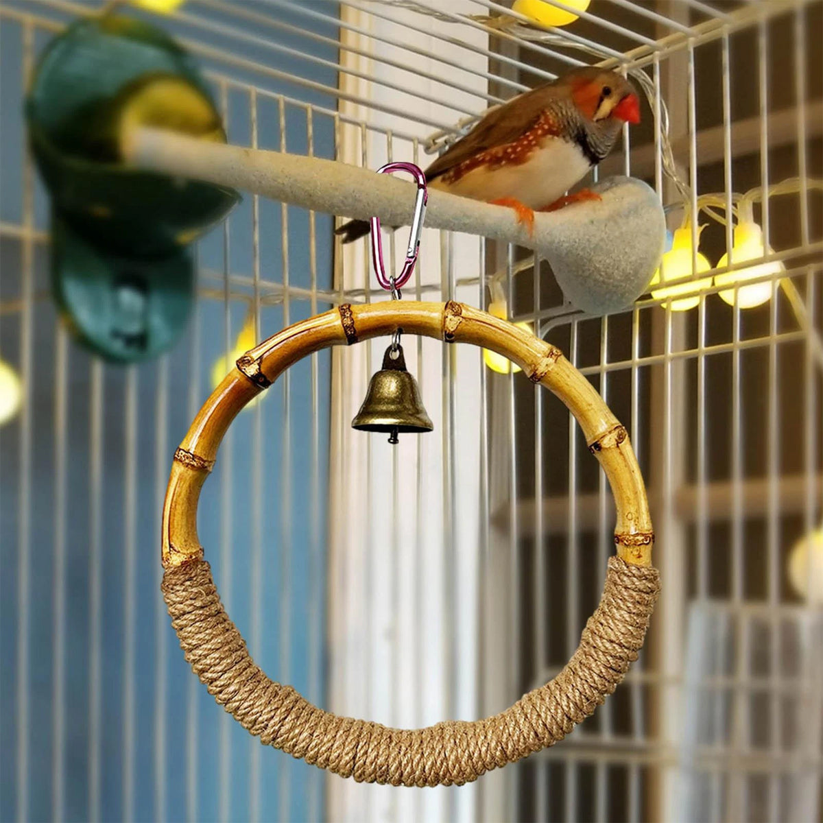 Hanging Bird Toy Natural Bamboo Ring Perch with Bell