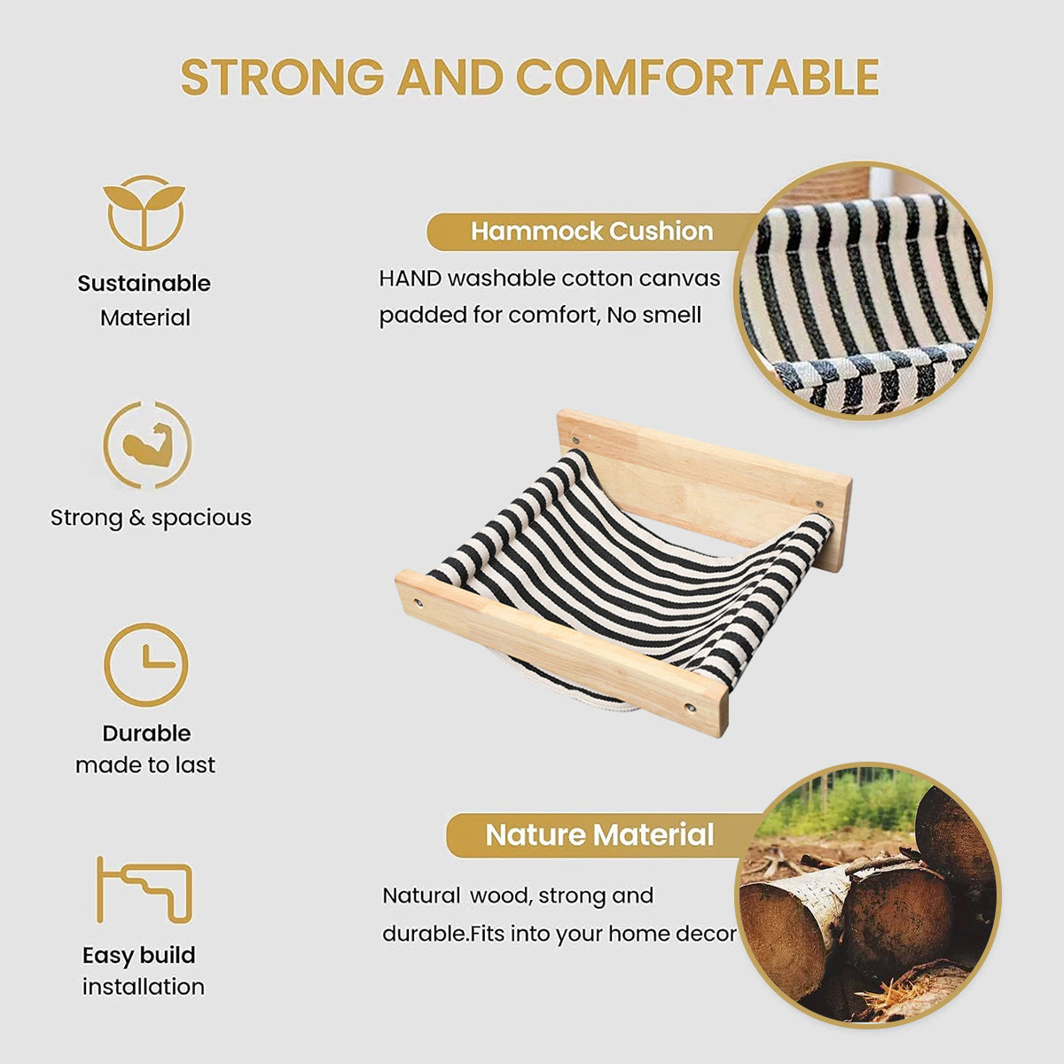 Solid Wood Wall-Mounted Cat Hammock Space-Saving Cozy Cat Bed