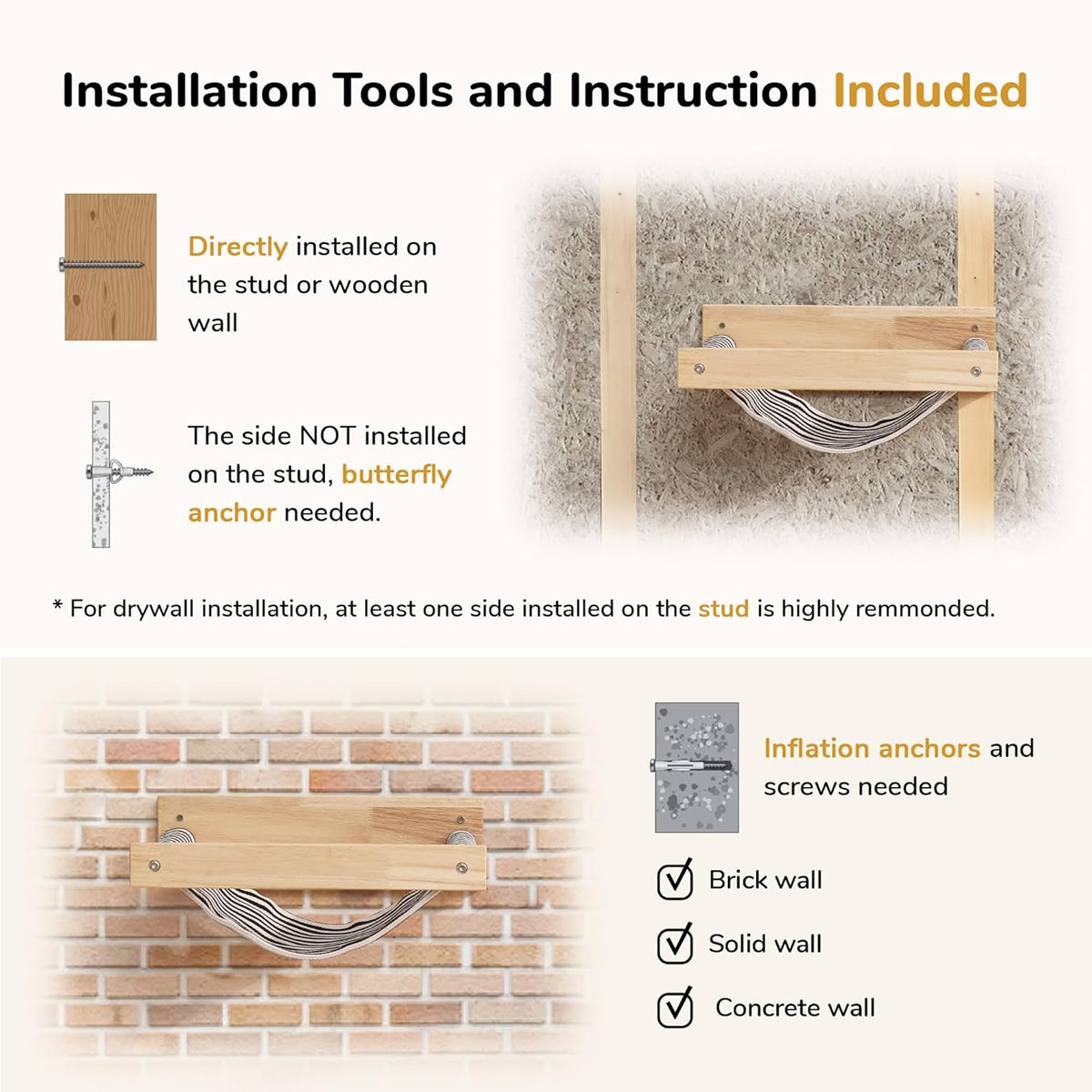 Solid Wood Wall-Mounted Cat Hammock Space-Saving Cozy Cat Bed