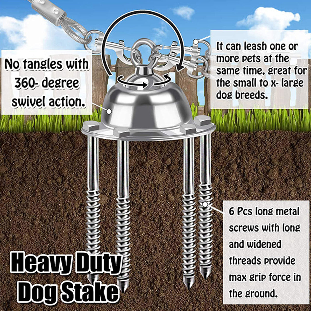 Heavy Duty Dog Tie Out Stake with 360 Degree Swivel Base